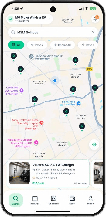 The Zoviti app: find nearby home EV chargers on the map, filter by connector, and book a slot
